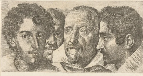 Portret van Cosimo Orsino, Cesare Bartolotti, Sigmund Laire en een zelfportret van Ottavio Leoni by Ottavio Mario Leoni, print, 1588-1630