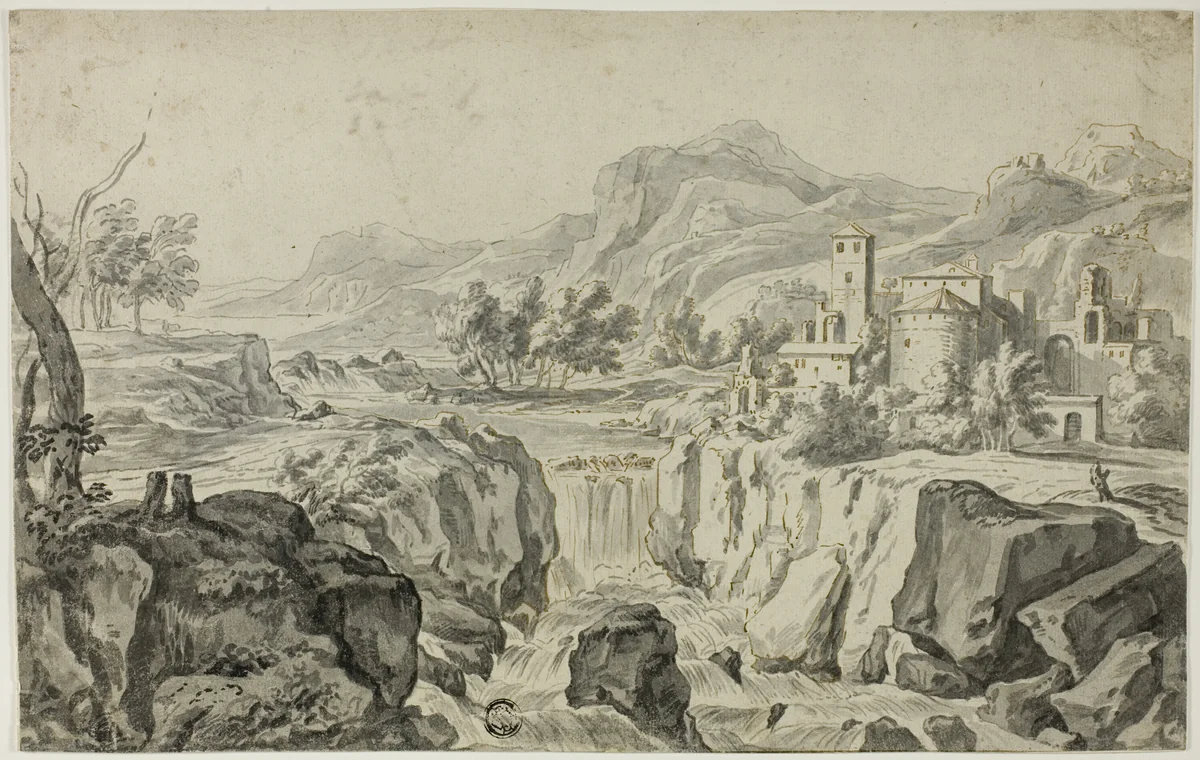 Italianate Landscape with Waterfall and Buildings by Gerit Rademaker, drawing, 1692-1711