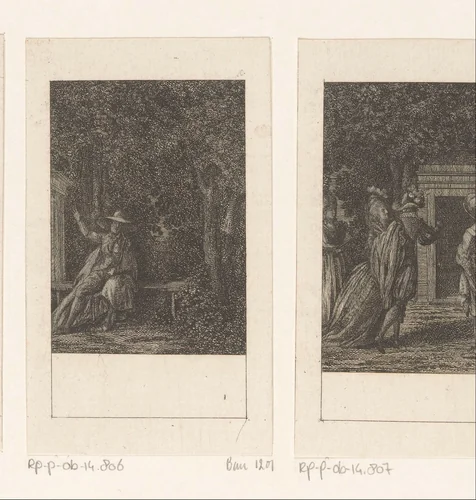 Figaro zit verdrietig in de tuin by Daniel Nikolaus Chodowiecki, print, 1785