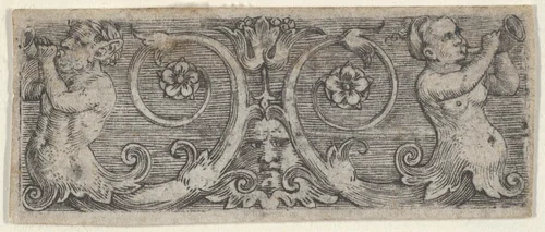 Horizontal Panel with Two Tritons with Foliate Tails Playing Horns by Barthel Beham, print, 1515-1540
