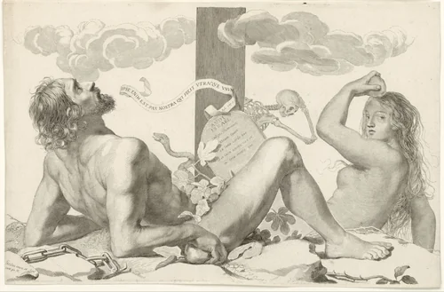 Adam en Eva aan de voet van het kruis by Claude Mellan, print, 1608-1688