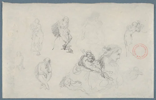 Studies after Michelangelo by Jean Baptiste Carpeaux, drawing, 1840-1875