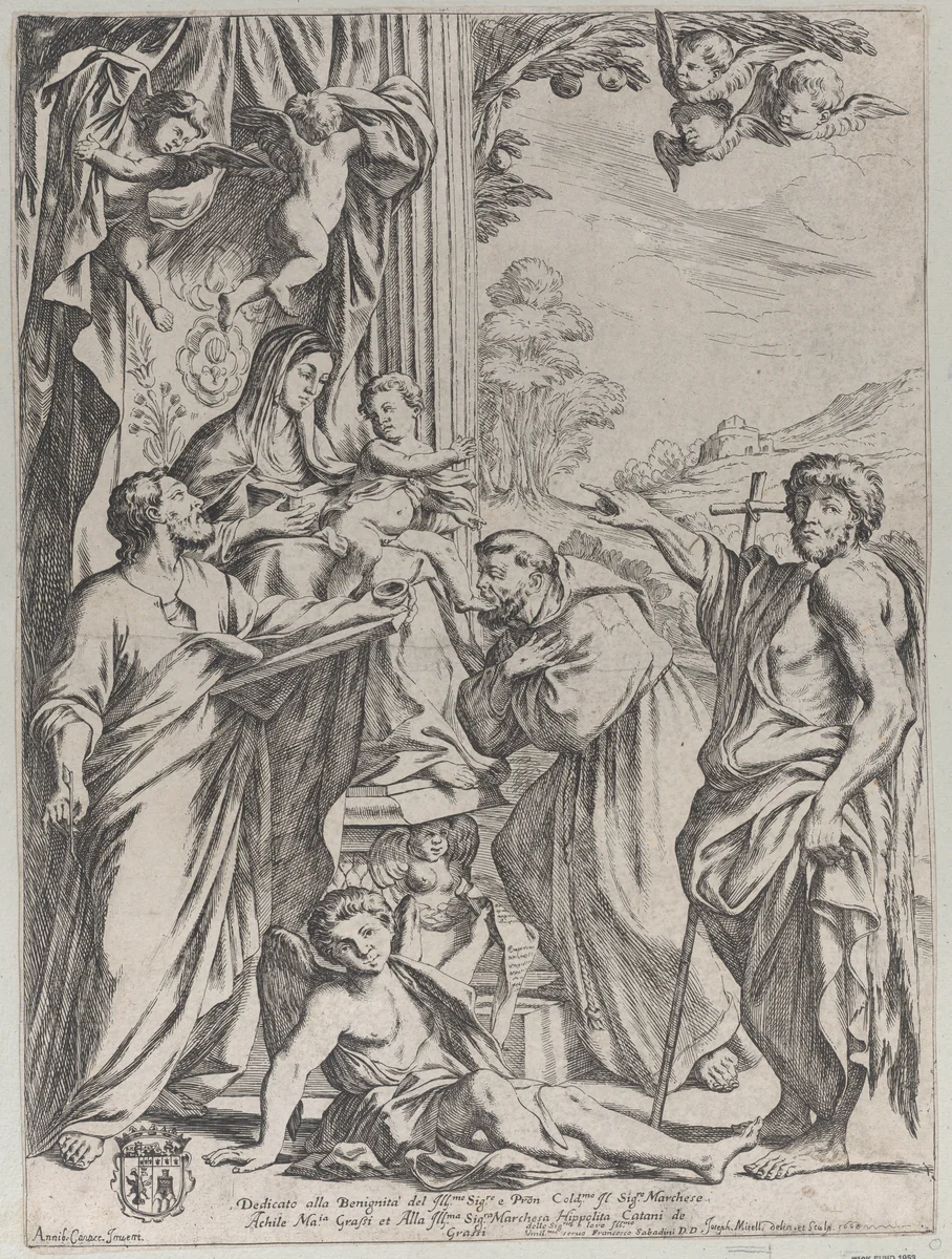 The Virgin Enthroned with Three Saints by Giuseppe Maria Mitelli, print, 1668