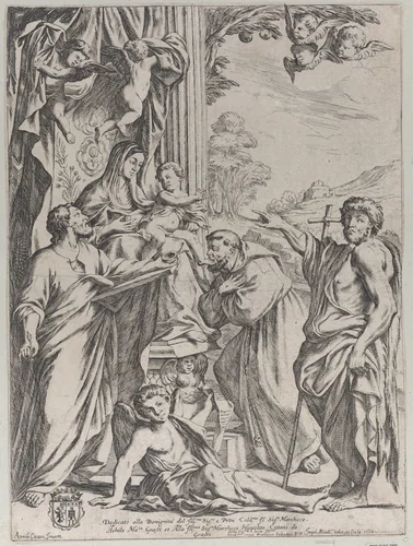 The Virgin Enthroned with Three Saints by Giuseppe Maria Mitelli, print, 1668