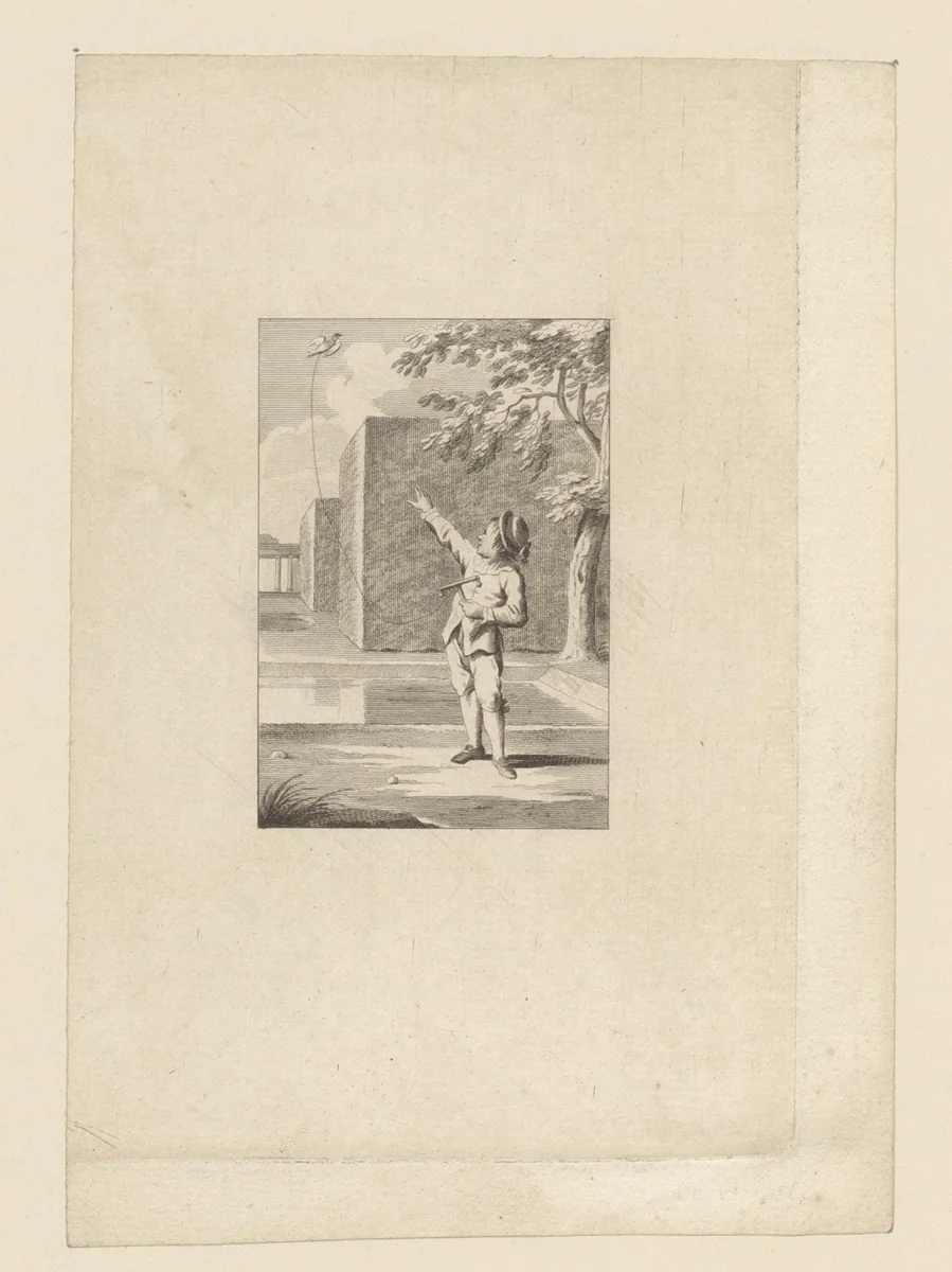 Kind met een duif aan een touwtje by anonymous, print, 1778-1821