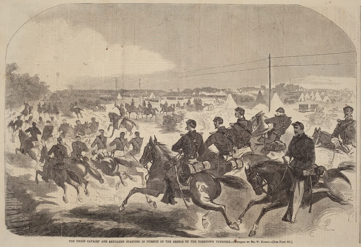 The Union Cavalry and Artillery Starting in Pursuit of the Rebels up the Yorktown Turnpike by Winslow Homer, print, 1862