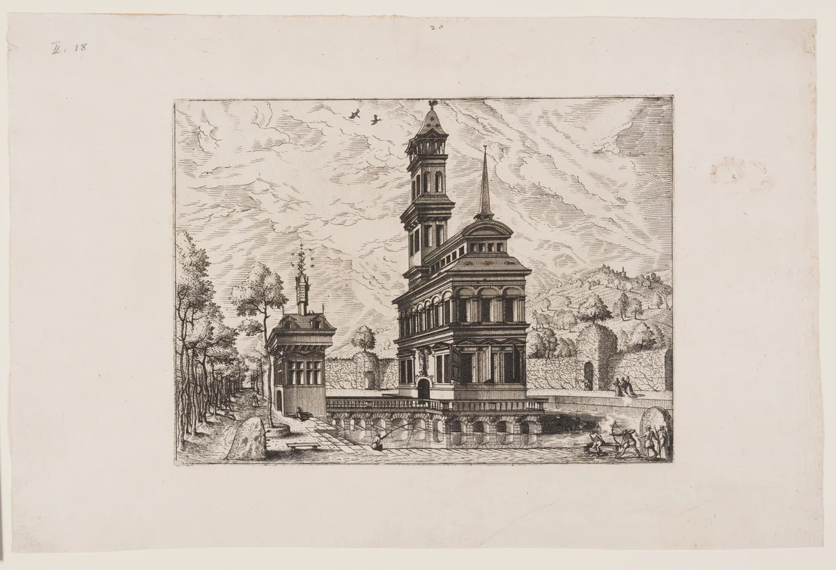 View of a castle with tower and entrance building, placed in a pond and surrounded by a garden by Johannes van Doetecum
Lucas van Doetecum
Hans Vredeman de Vries, print, 1562