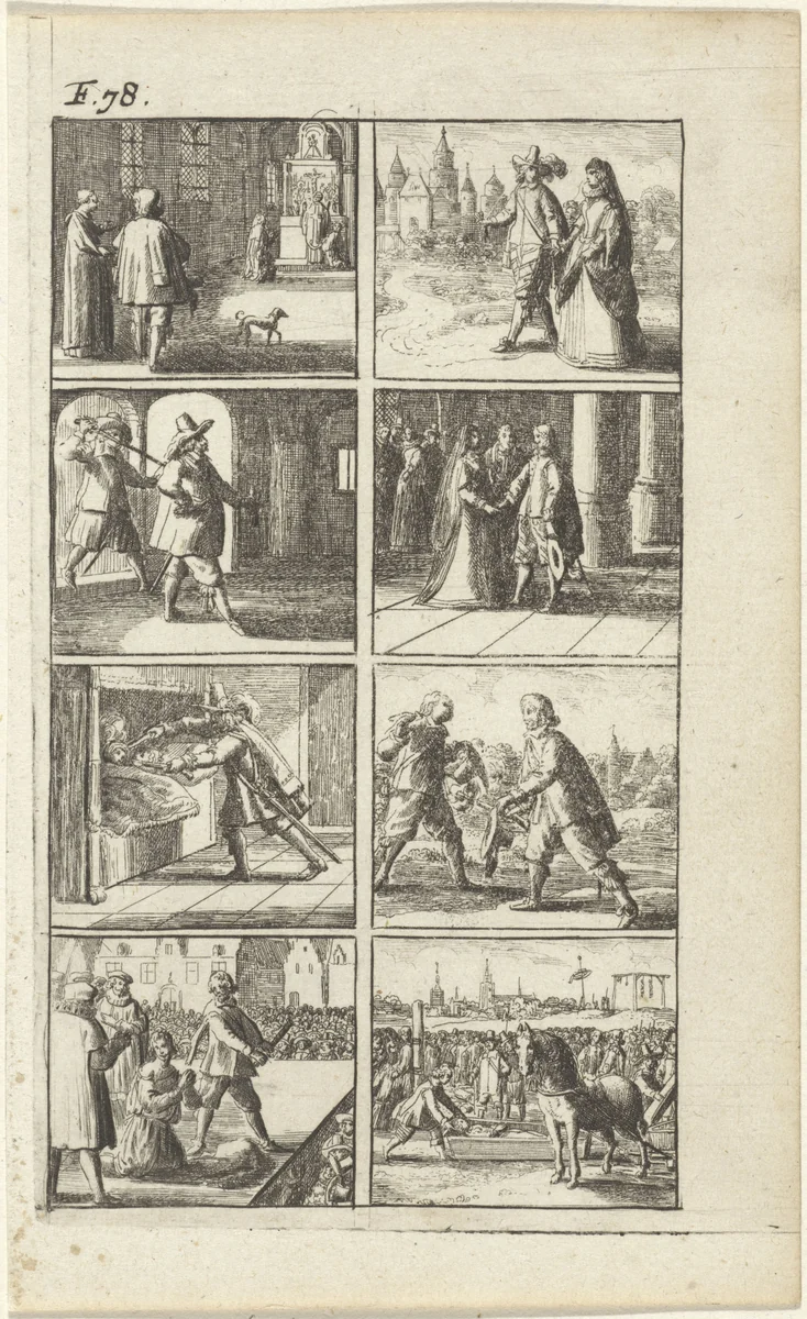 Verhaal met voorstellingen van moord en doodstraf (F. 78.) by Abraham Dircksz. Santvoort, print, 1667
