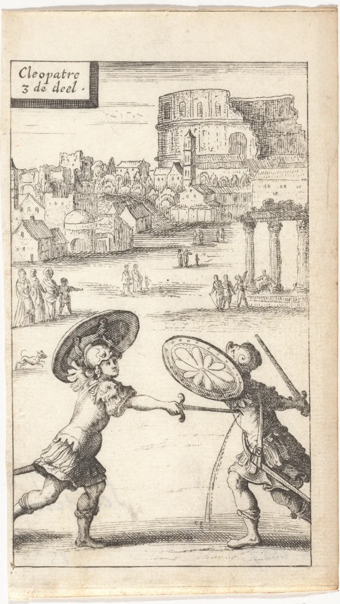 Twee vechtende mannen in wapenrusting by Abraham Dircksz. Santvoort, print, 1667