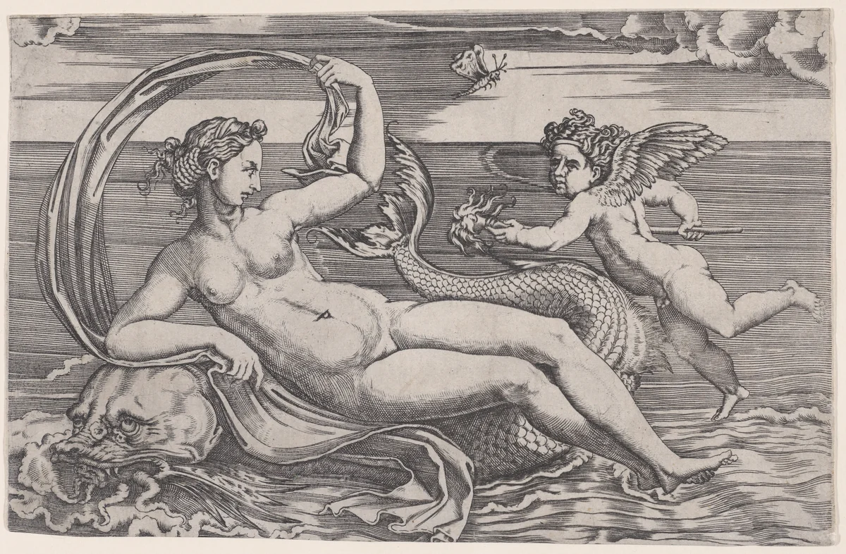 Venus Reclining on a Dolphin by Agostino Veneziano, print, 1514-1536