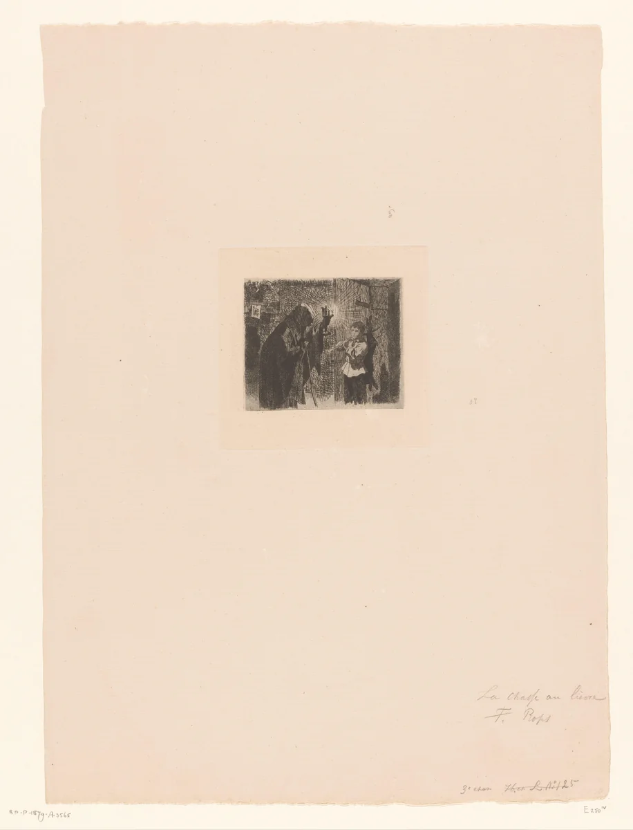 Jongen komt binnen met gevangen haas by Félicien Rops, print, 1875