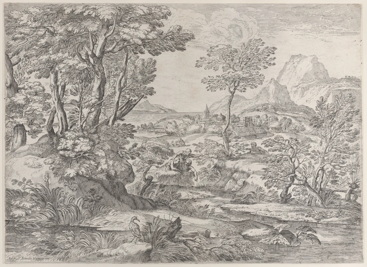 Three boys in a landscape with a town in the background by Giovanni Francesco Grimaldi, print, 1626-1680