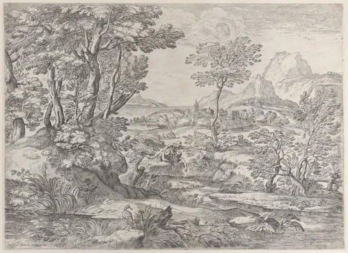Three boys in a landscape with a town in the background by Giovanni Francesco Grimaldi, print, 1626-1680