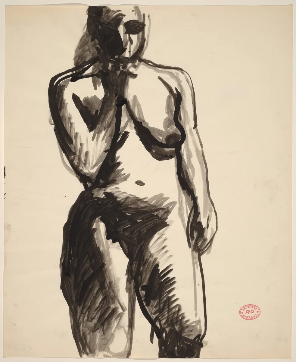 Untitled [standing female nude with right hand raised to chin] by Richard Diebenkorn, drawing, 1955-1967