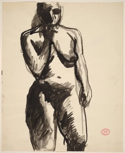 Untitled [standing female nude with right hand raised to chin] by Richard Diebenkorn, drawing, 1955-1967