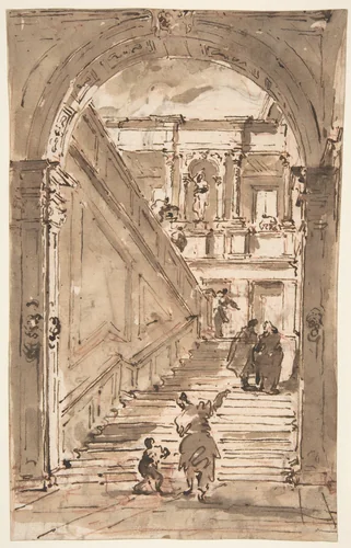 Architectural Fantasy: Figures on a Grand Staircase (recto); Studies for the Frame of a Shaped Field (verso) by Francesco Guardi, drawing, 1712-1793