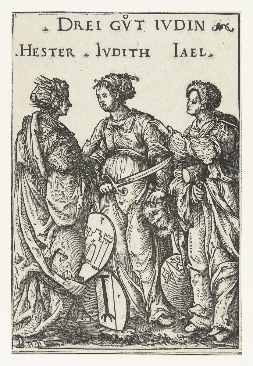Ester, Judit en Jaël als drie joodse heldinnen by Unknown, print, 1516-1519