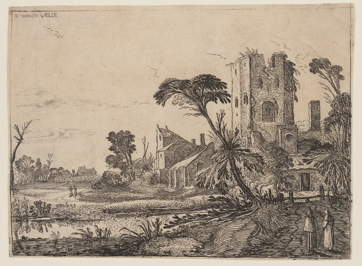 Two Monks on a Path by Esaias van de Velde, print, 1610-1630