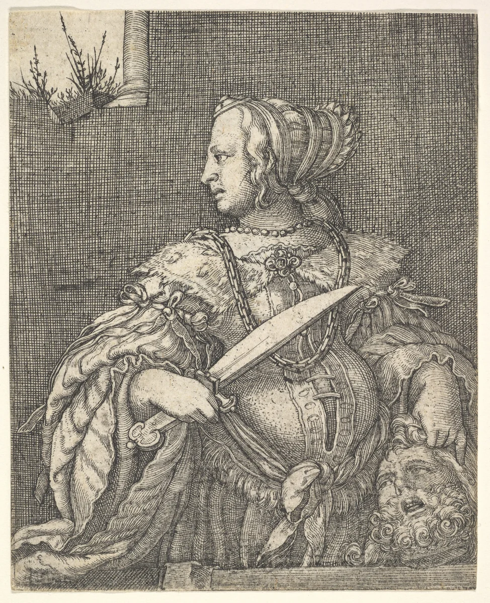 Judith, half-length and in profile to the left, a sword in her right hand and the head of Holofernes in her left hand, an open window at top left by Barthel Beham, print, 1502-1540