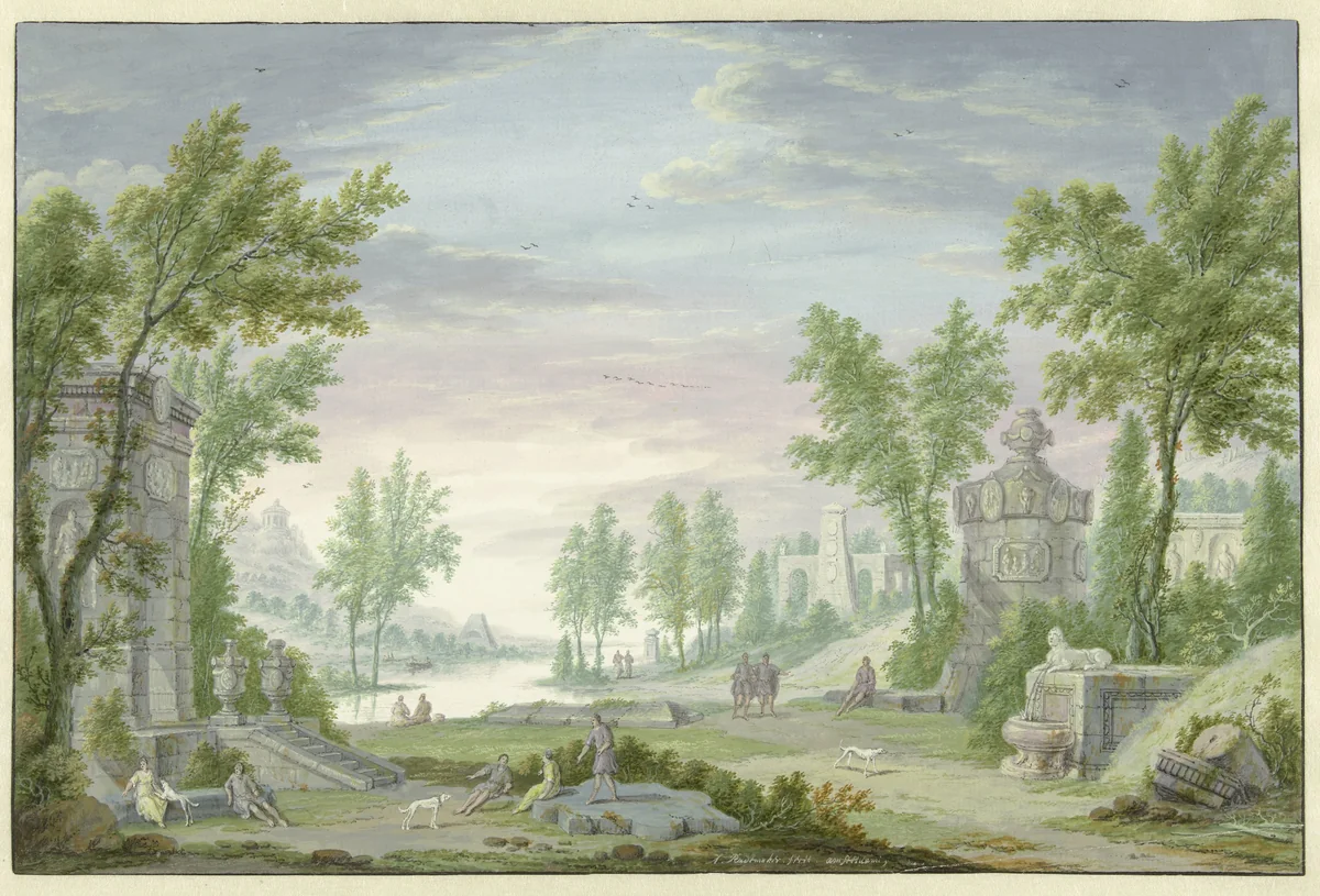 Arcadisch landschap by Abraham Rademaker, drawing, 1685-1735