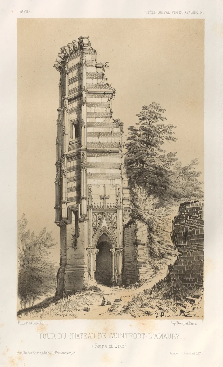 Architecture Pittoresque ou Monuments des xveme. Et xvieme. Siecles: Chateaux De France des XV et XVI Siecles: Pl.3, Tour du chateau de Montfort-l'Amaury (Seine-et-Oise) by Victor Petit, print, 1860