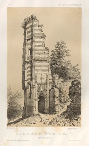 Architecture Pittoresque ou Monuments des xveme. Et xvieme. Siecles: Chateaux De France des XV et XVI Siecles: Pl.3, Tour du chateau de Montfort-l'Amaury (Seine-et-Oise) by Victor Petit, print, 1860
