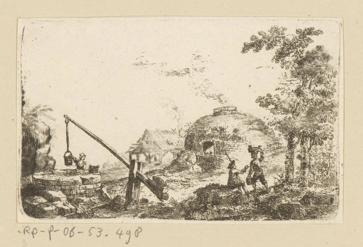 Landschap met waterput en steenoven by Johann Andreas Benjamin Nothnagel, print, 1739-1804