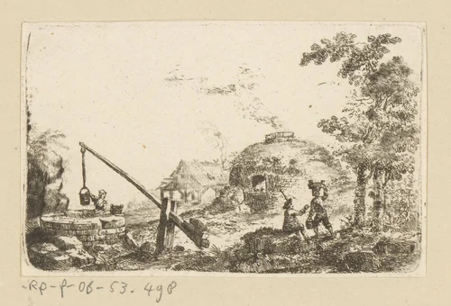 Landschap met waterput en steenoven by Johann Andreas Benjamin Nothnagel, print, 1739-1804