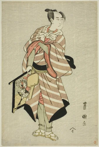 The actor Sawamura Sojuro III as the packhorse-man Muchizo in the play "Miyamairi Musubi no Kamigaki," performed at the Kiri Theater in the eleventh month, 1797 by Utagawa Toyokuni I (初代 歌川 豊国), print, 1792-1802