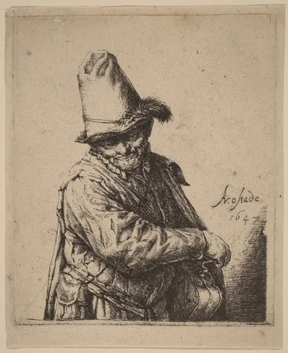 Hurdy-Gurdy Player in a Tall Hat by Adriaen van Ostade, print, 1647