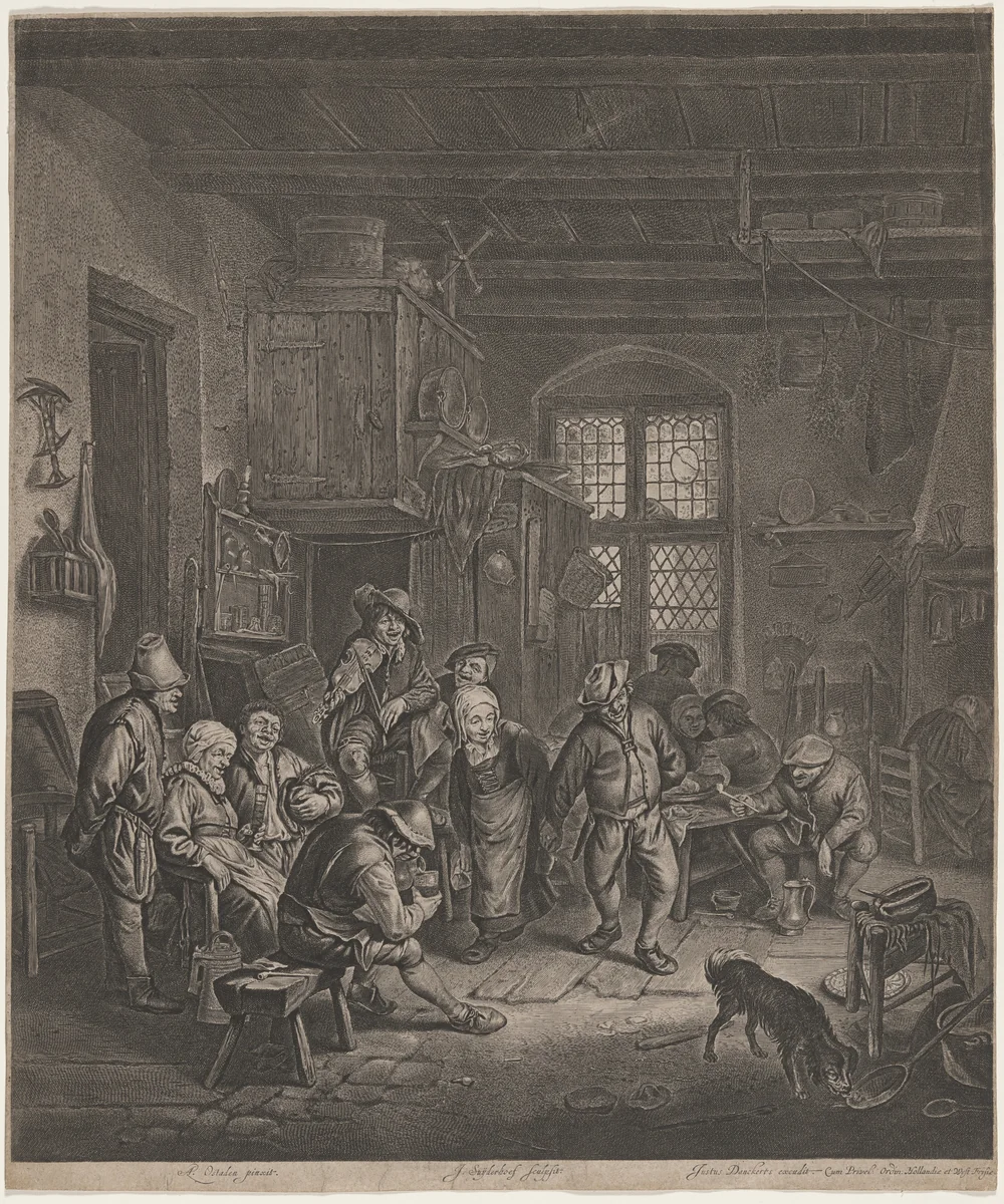 Peasant Interior with a Dancing Couple by Jonas Suyderhoff; Adriaen van Ostade; Justus Danckerts, print, 1613-1686