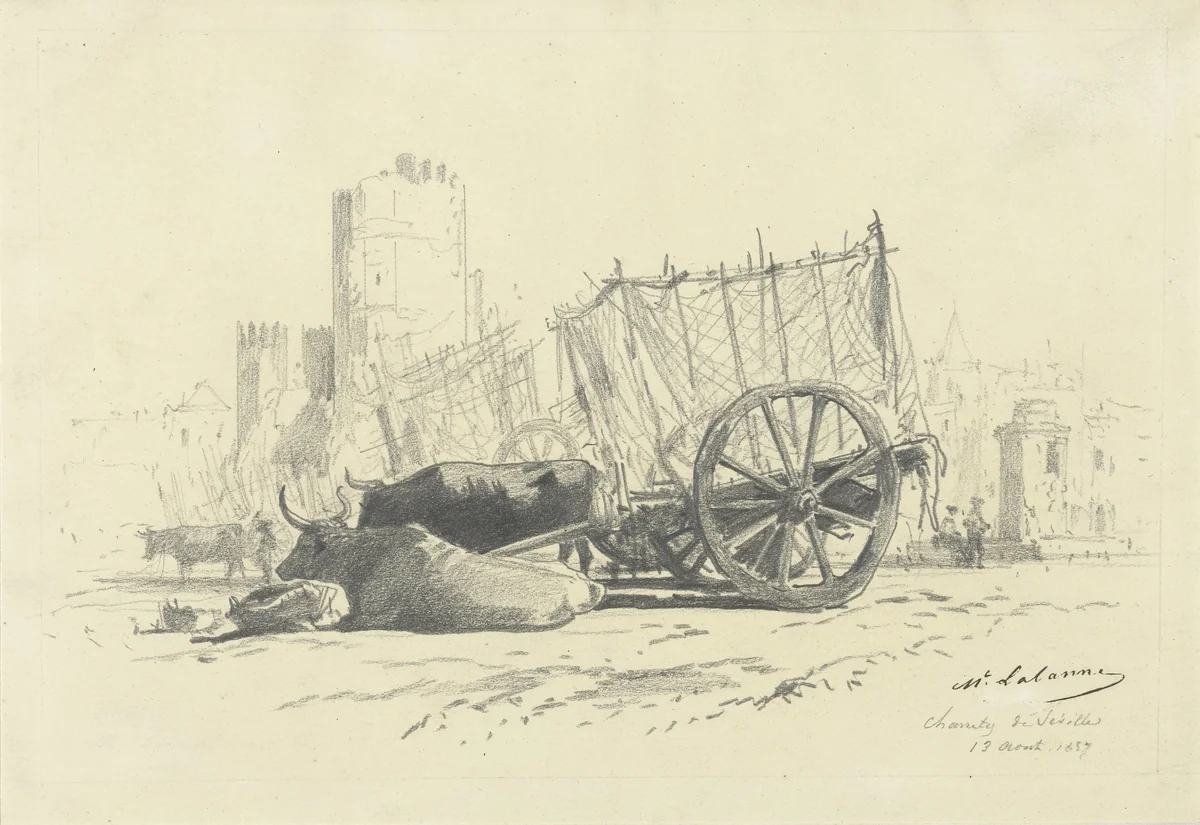 Ossenwagen te Sevilla by Maxime François Antoine Lalanne, drawing, 1857