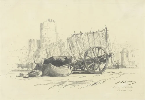 Ossenwagen te Sevilla by Maxime François Antoine Lalanne, drawing, 1857