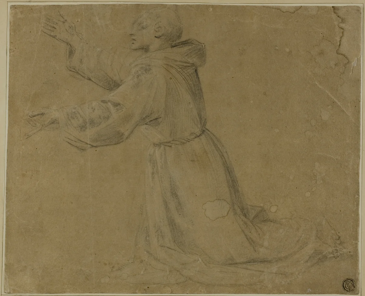 Kneeling Monastic Saint with Raised Arms by Giovanni Antonio Sogliani, drawing, 1500-1525