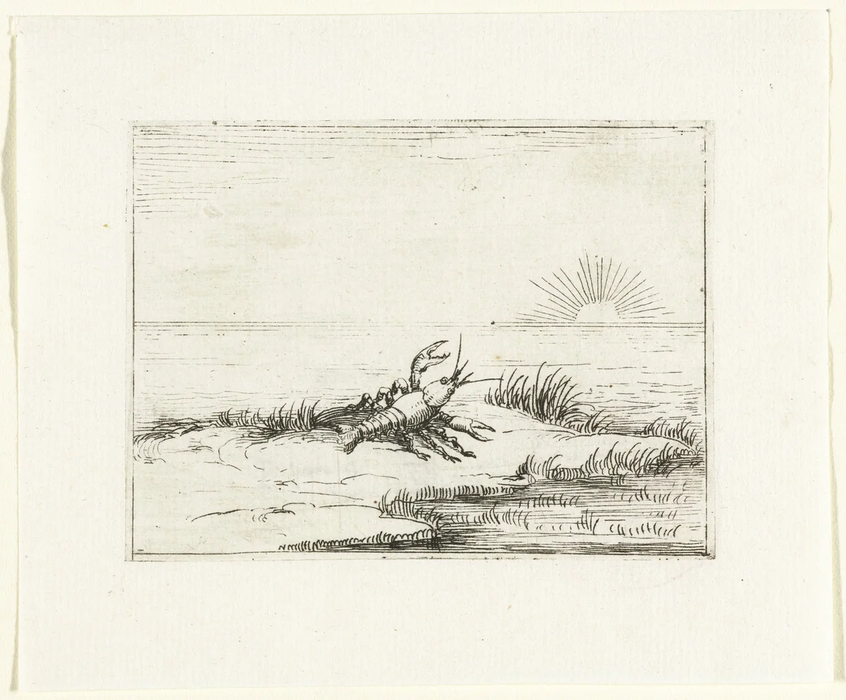 Een kreeft kijkt naar de zon by Jacques Callot, print, 1621-1635