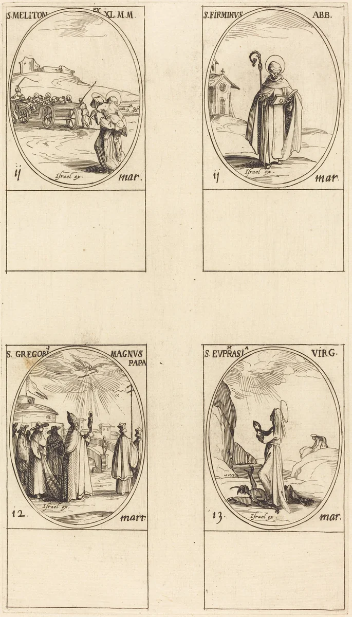 St. Meliton; St. Firminus; St. Gregory the Great; St. Euphrasia by Jacques Callot, print, 1627-1637