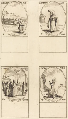 St. Meliton; St. Firminus; St. Gregory the Great; St. Euphrasia by Jacques Callot, print, 1627-1637