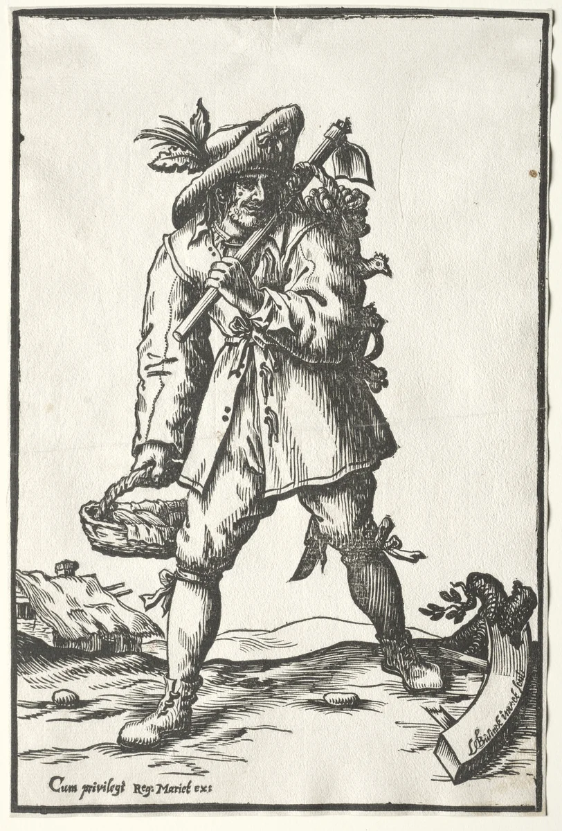 Peasant with Hoe, Basket and Hen by Ludolph Büsinck, print