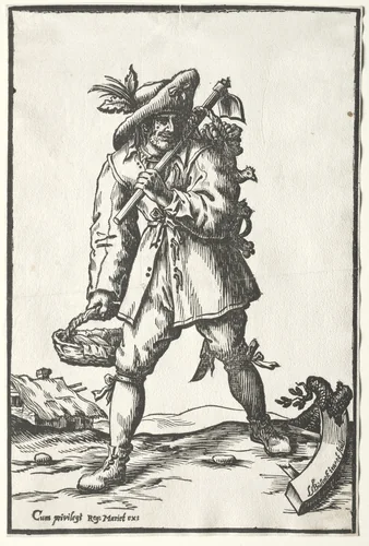 Peasant with Hoe, Basket and Hen by Ludolph Büsinck, print