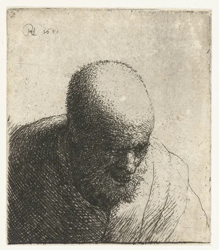 Bald man with open mouth, looking down: bust by Rembrandt van Rijn, print, 1631
