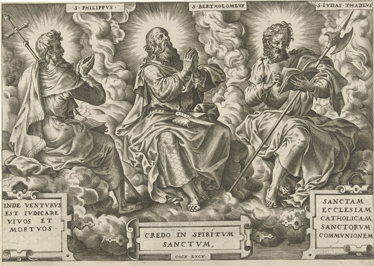 Drie apostelen Filippus, Bartolomeüs en Judas Taddeüs by Pieter van der Heyden, print, 1568