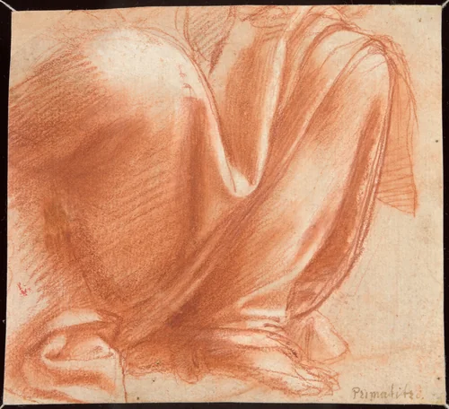 A Drapery Study for the Knees of a Seated Allegorical Figure of Charity (recto); Bust of a Naked Allegorical Figure of Charity with Two Putti (verso) by Giovanni Antonio Sogliani, drawing, 1520-1530
