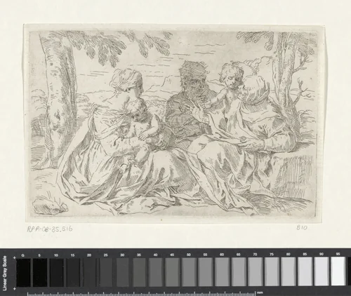 Heilige Familie met Elisabet en de jonge Johannes de Doper by Simone Cantarini, print, 1622-1648