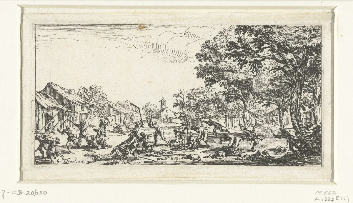 Boeren nemen wraak op soldaten by Jacques Callot, print, 1632-1636
