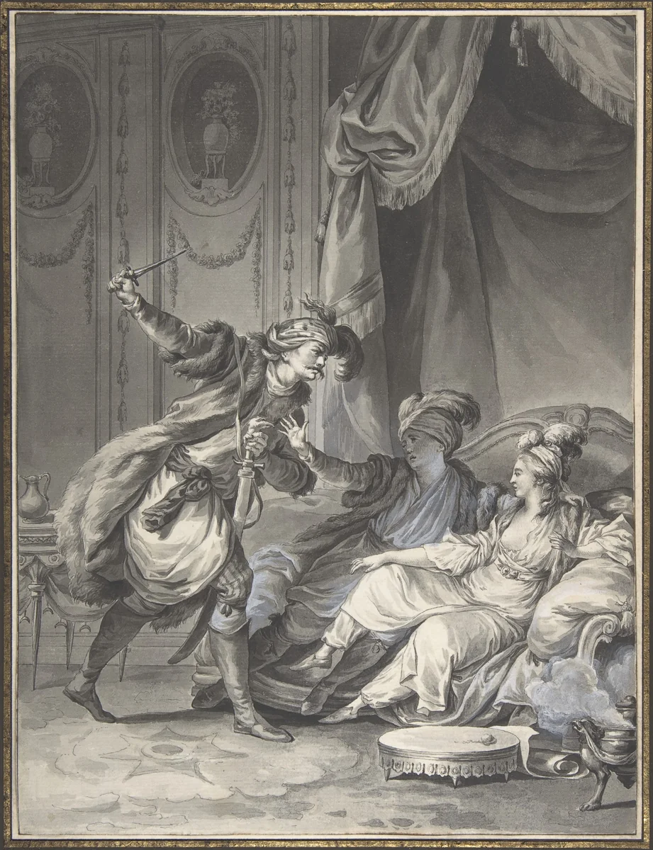 Comme ils en étaient là, arrive l'oncle by Jean Michel Moreau le Jeune, drawing, 1773-1783