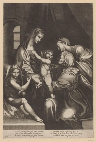 Maria met Kind en Elisabet, Catharina en Johannes de Doper by anonymous, print, 1602