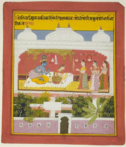 Krishna and Radha in a Pavilion, from a copy of the Seven Hundred Verses (Sat Sai) of Bihari by India Rajasthan, Mewar, painting, 1714-1724