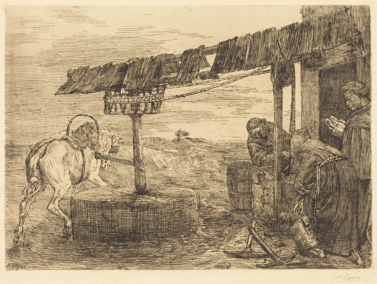 Horse-driven Mill (Le manege) by Alphonse Legros, print, 1869