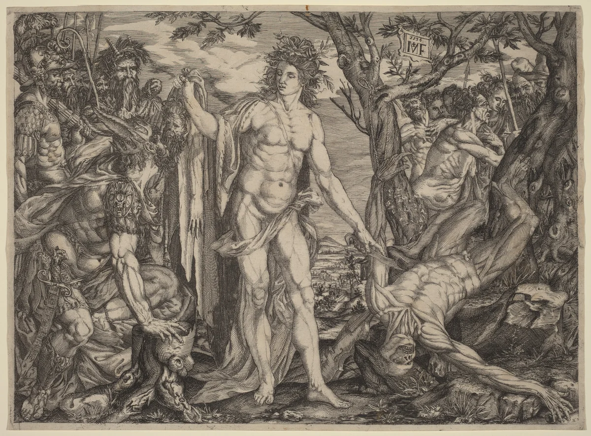 Apollo and Marsyas by Melchior Meier, print, 1536