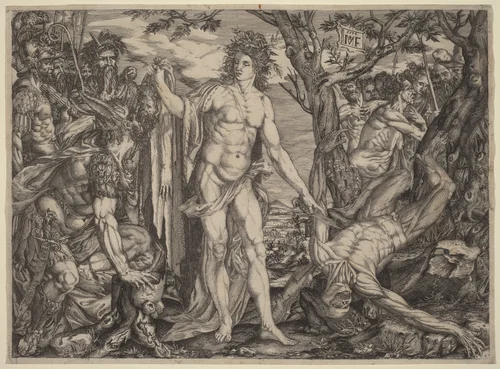 Apollo and Marsyas by Melchior Meier, print, 1536